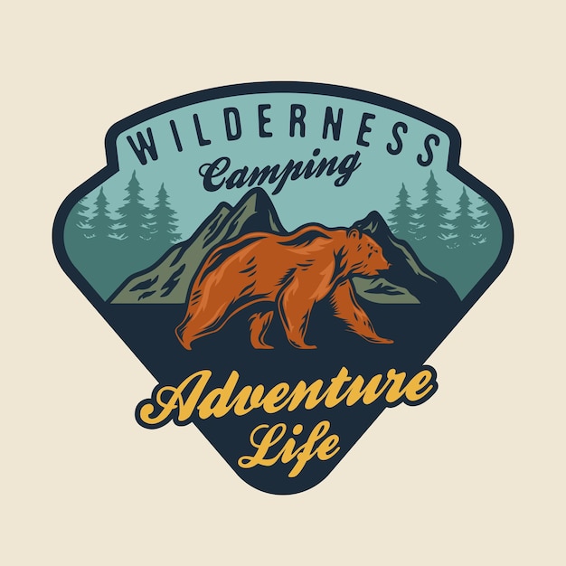 Wild bear adventure camping badge with natural scene