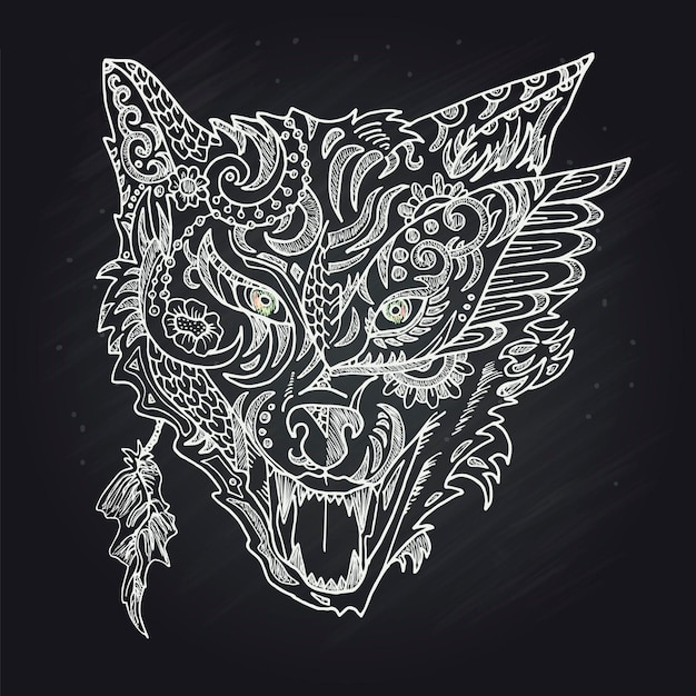 野生の美しいオオカミの頭の手は、黒の背景のベクトル図にチョークで描く