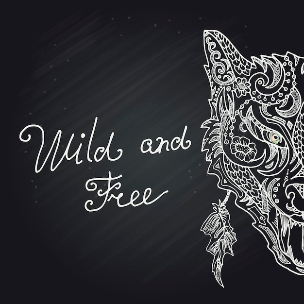 Wild beautiful wolf head hand draw on a chalk board background Fashion in a vector illustration
