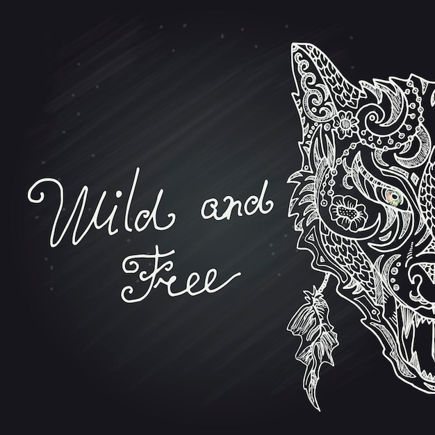 Wild beautiful wolf head hand draw on a chalk board background fashion in a vector illustration