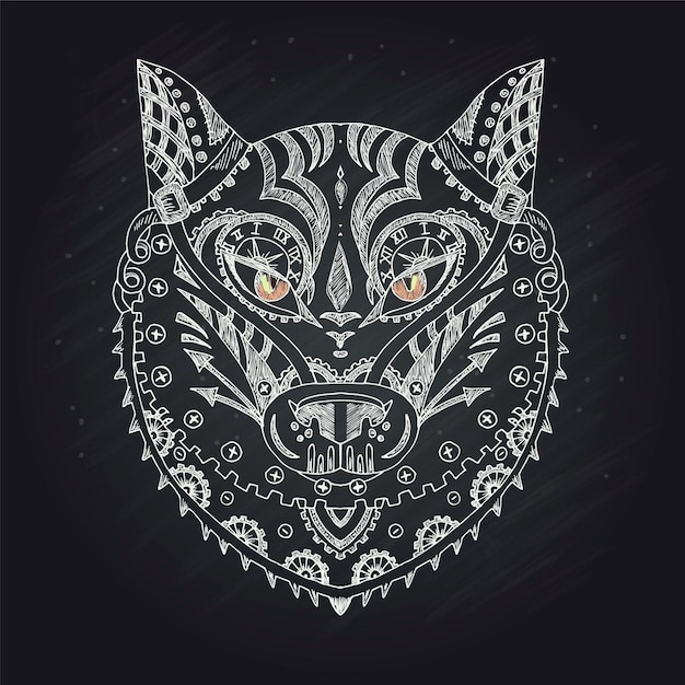 Wild beautiful wolf head hand draw on a chalk board steam punk style in a vector illustration