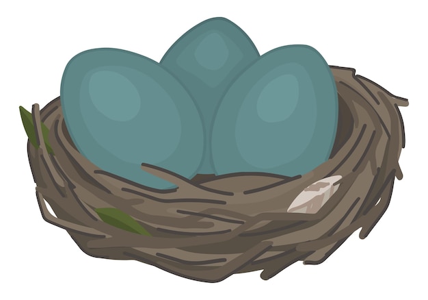 Дикое птичье гнездо с яйцами очертание клипарта Весенний рисунок Векторная иллюстрация в стиле гравировки.