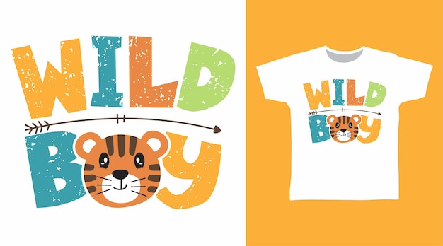 ベクトル 小さな虎のtシャツのデザインコンセプトを持つ野生の少年のタイポグラフィ