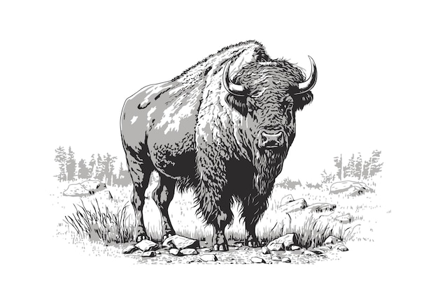 Vector wild buffalo buffaloblack color in sketch style vector illustration