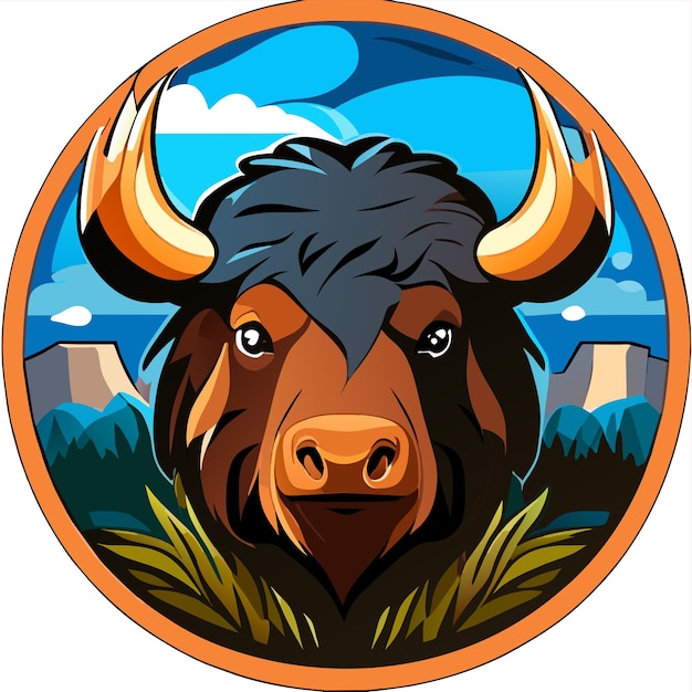 Buffalo bull e-sport mascotte di gioco disegnato a mano piatto elegante adesivo cartone animato concetto di icona