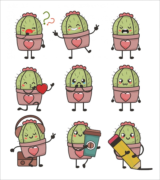 Wild cactus with different facial expression kawaii