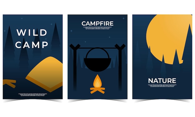 Wild Campfire Nature Set of 3 simple Background Vector Illustration Flat Style