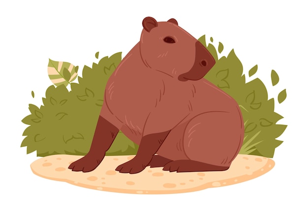 wild capybara cartoon herbivore mammal in natural habitat cute capybara flat vector illustration semiaquatic animal