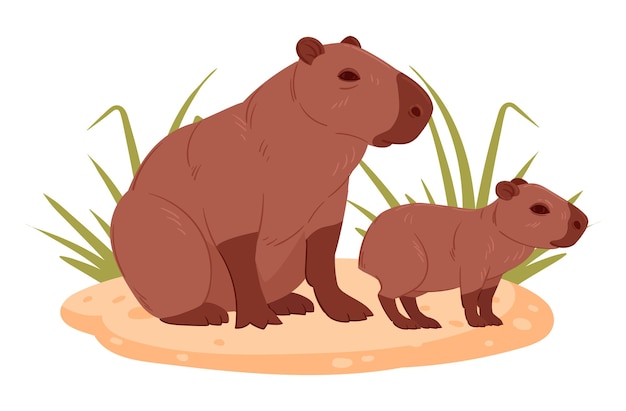 Vector wild capybara with baby cartoon herbivore mammals in natural habitat capybara mom and cute little baby flat vector illustration semiaquatic animals