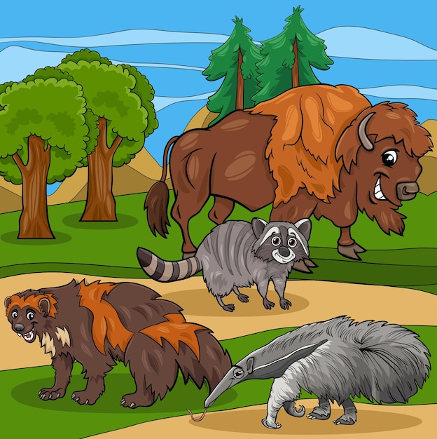 Wild cartoon american animal characters group