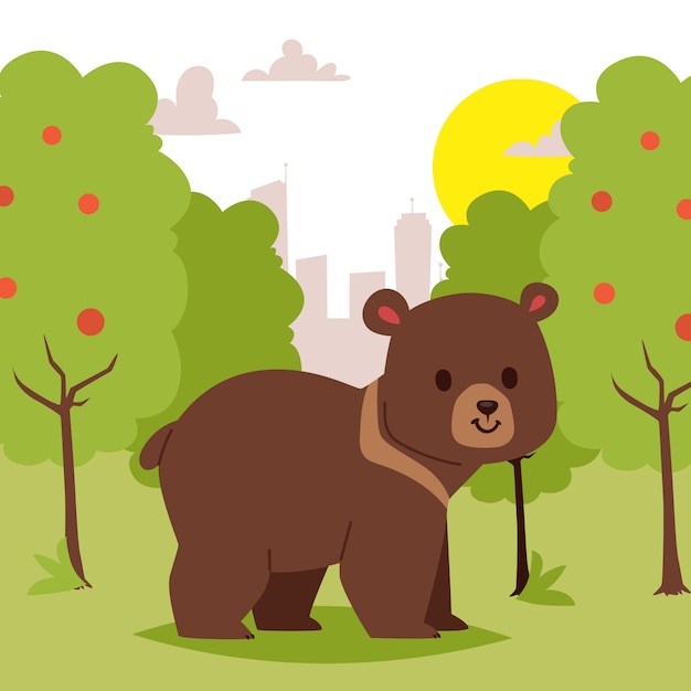 Orso animale del fumetto selvaggio che cammina nell'illustrazione di area verde. scena bellissima natura. simpatico orso divertente