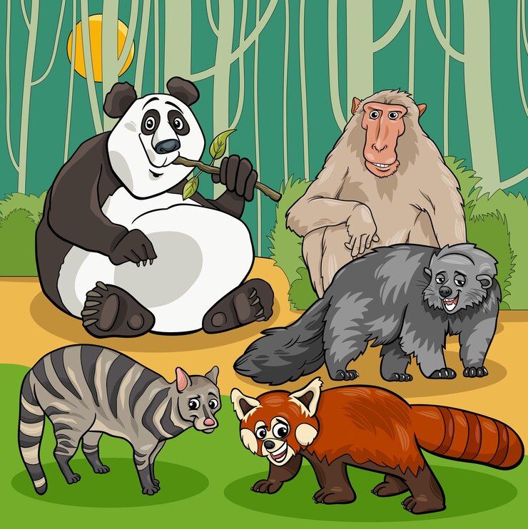 野生の漫画アジアの動物キャラクターグループ