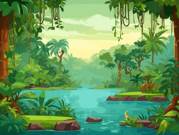 Wild Cartoon Forest Landscape Jungle Trees Fantasy Nature Scene and Green Cartoon Background