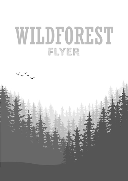 Wild coniferous forest flyer background. Pine tree, landscape nature, wood natural panorama. Outdoor camping design template. Vector illustration