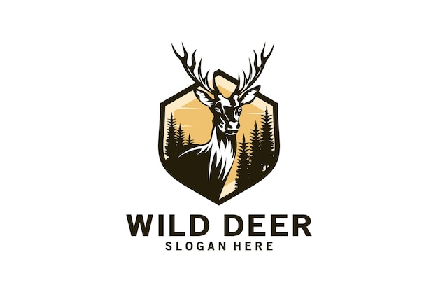 Вектор Дизайн логотипа дикого оленя на винтажном фоне природы