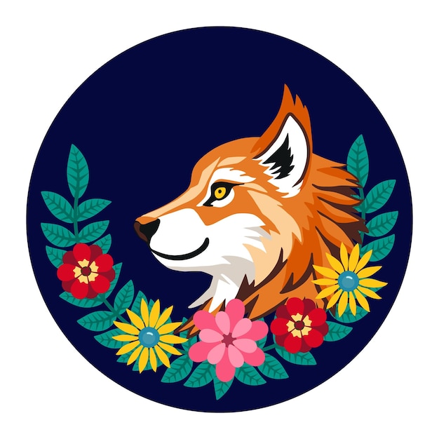 Wild dier vos hoofd in krans van bloemen in vector stijl platte illustratie