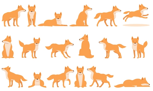 Icone di dingo di cane selvaggio impostate vettore di cartoni animati america cucciolo