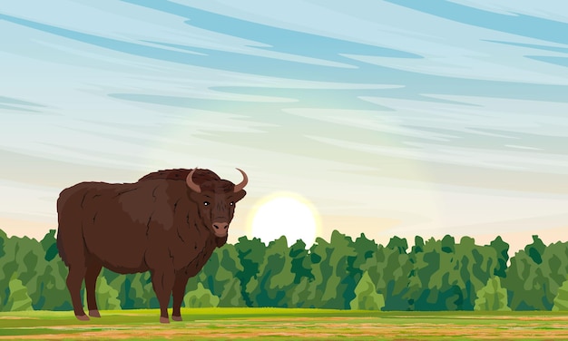 Bisonte europeo selvatico bisonte sorge su un prato al tramonto bisonte europeo di legno