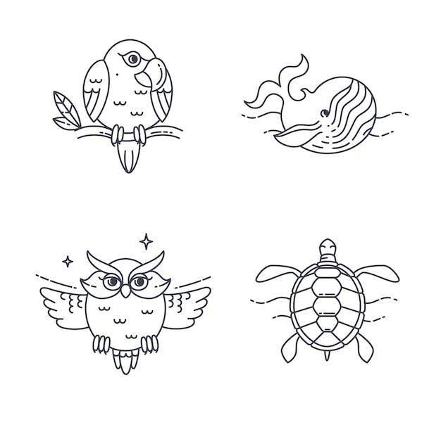 Wild exotic animals line icons set.