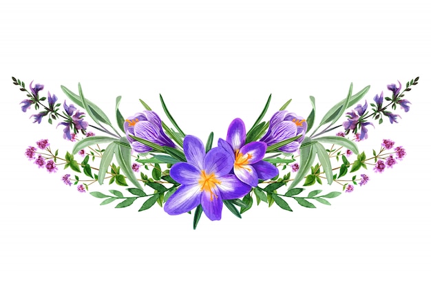 Wild field violet flowers bouquet, hand drawn 