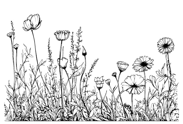 Vector wild flower field hand drawn sketch in doodle style illustration