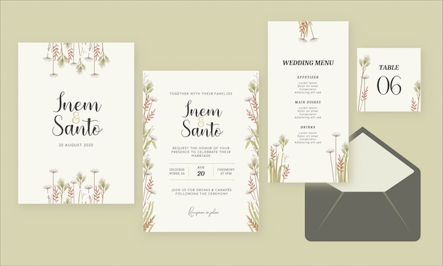 Wild flower watercolor rustic wedding invitation