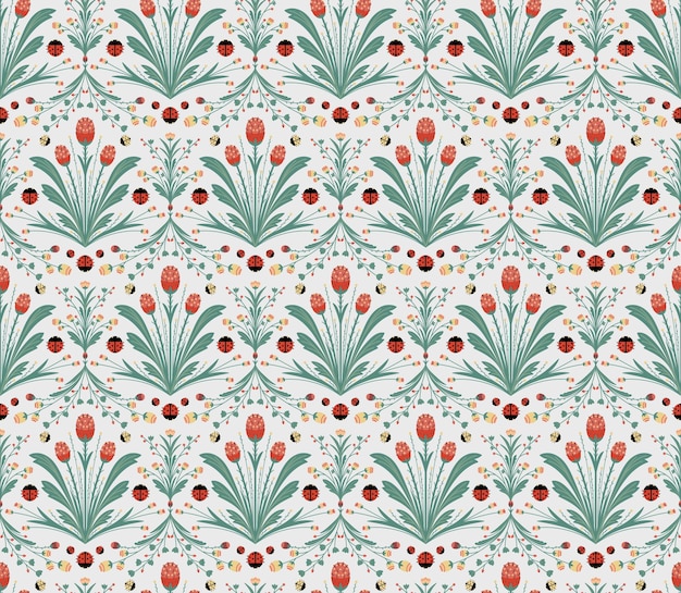 무당벌레가 있는 야생 꽃 패션 직물 섬유를 위한 원활한 패턴 초원 꽃 디자인