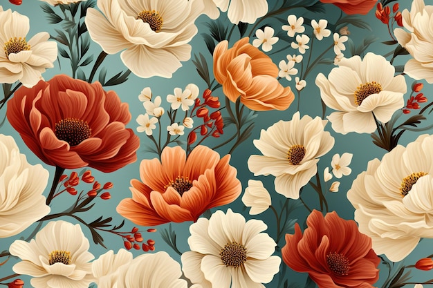野生の花のシームレスなパターン ポピー チコリ コスモスの花 ブルーベル 手描き水彩