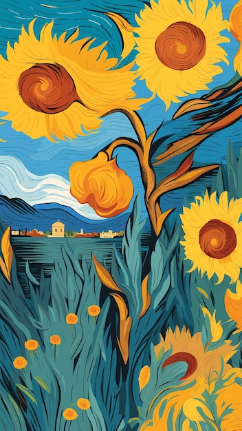 Дикие цветы в стиле Ван Гога рисунок мультфильм вектор