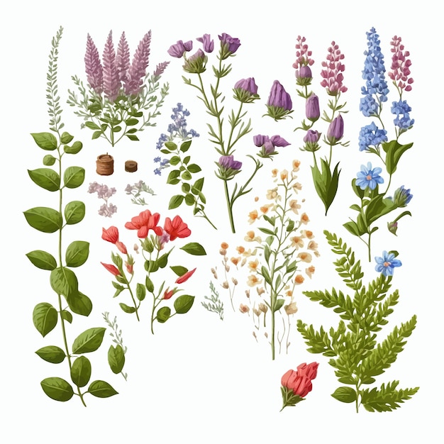 Wild flowers vector collection handdrawn illustration isolated on white background