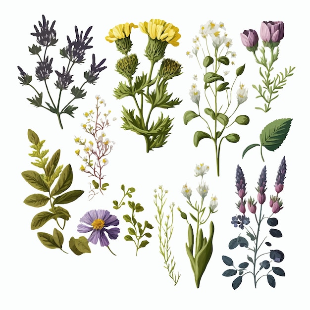 Wild flowers vector collection Handdrawn illustration isolated on white background