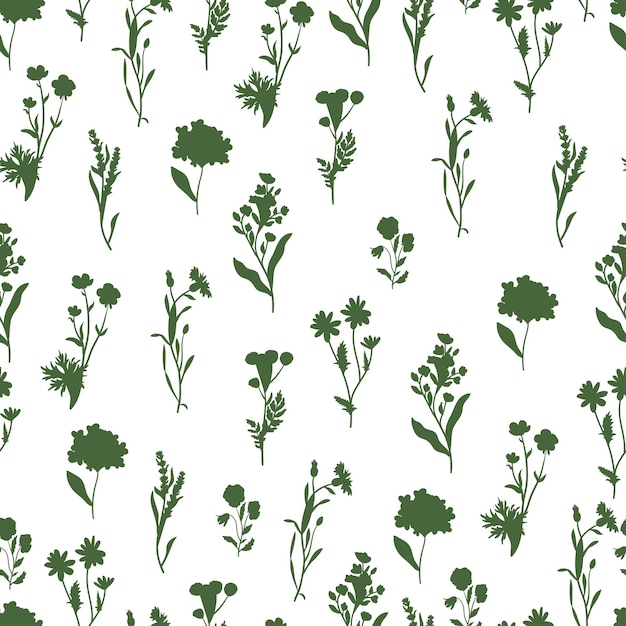 Wild flowers vector seamless pattern herbs herbaceous plants texture Hand drawn flat illustration