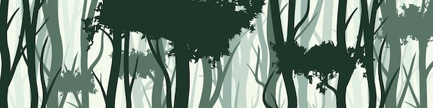 Vector wild forest with various coniferous or deciduous trees wide horizontal banner with various tree