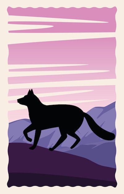 Vector wild fox animal nature silhouette in landscape scene