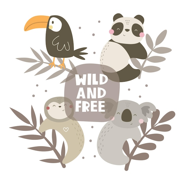 Wild and free cartoon animals hand drawing lettering