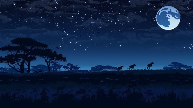 Vector wild horses in the night sky