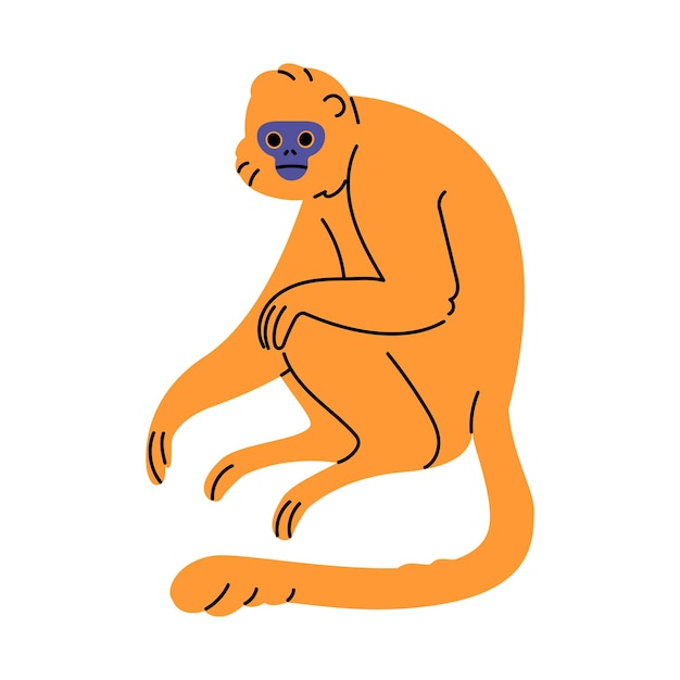 Wild jungle animal Gibbon with cute muzzle sitting orange primate rest Tropical forest habitant rainforest monkey mammal with long tail Flat isolated vector illustration on white background