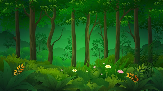 Vector wild jungle tropical forest nature landscape with green bushes, foliage and exotic plants