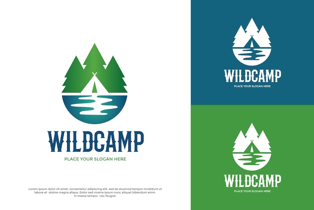 Wild kamp vector logo sjabloon. dit ontwerp gebruikt een symbool met dennen. geschikt voor avontuur.