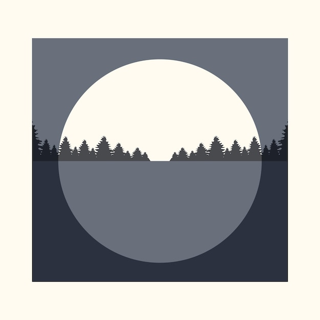 밤 포스터에 숲과 달이 있는 야생 풍경. 보름달과 호수 디자인. Boho 벽 장식. 중간