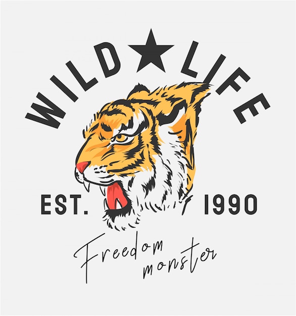 wild leven slogan met tijger hoofd grafische illustratie