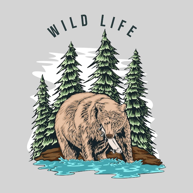 Vector wild life adventure logo with bear in lakeshore