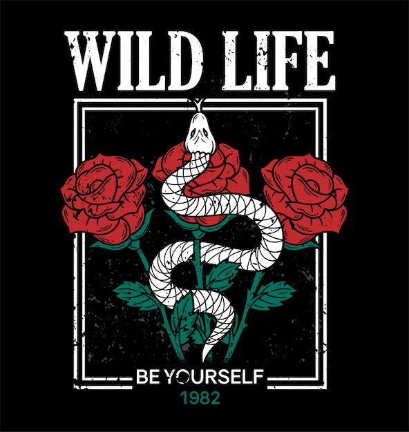 Wild life trendy embroidery print on t shirt tee sweatshirt textile shake and roses in frame vintage rock style for street casual wear Print with fashion phrases graphic design old school illustration