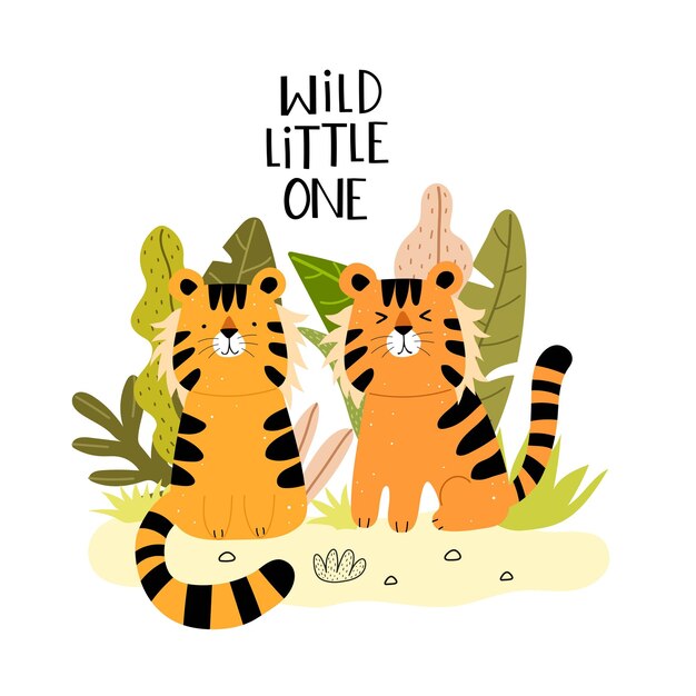 Vector wild little one cartoon tiger hand drawing lettering