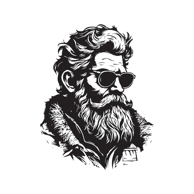 Wild man vintage logo line art concept black and white color hand drawn illustration