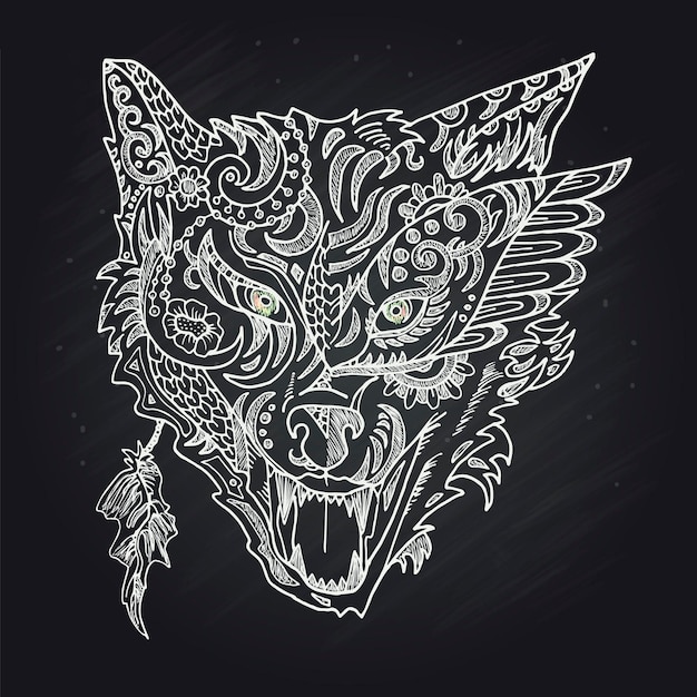 Wild mooie wolf hoofd hand tekenen in krijt op een zwarte achtergrond vectorillustratie