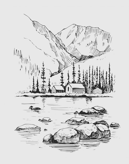 Wild natural landscape with mountains, lake, pines, rocks. Hand drawn illustration converted to vector.