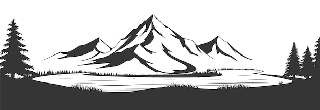 Wild natural landscape with mountains, lake, rocks. Illustration