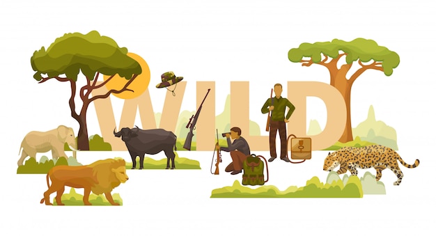Охотники дикой природы африканские животные, растения, деревья и люди с винтовками, рюкзаками и иллюстрацией бинокля. Слон, лев, леопард и буйвол.