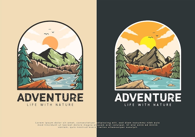 Vector wild nature river and mountain logo illustration artwork for tshirt print